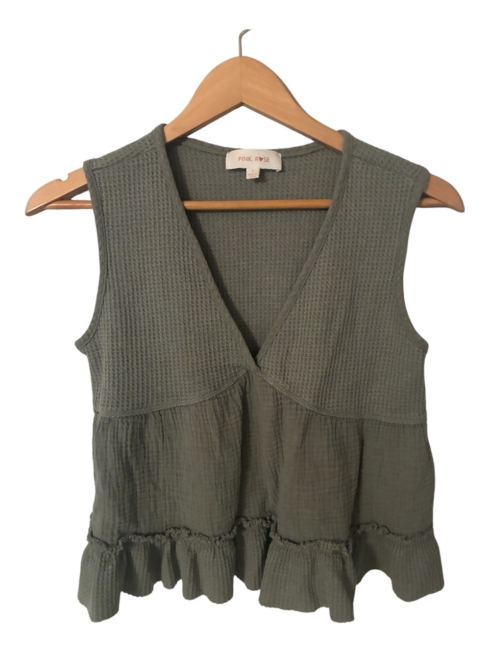 Pink Rose Olive Green V-Neck Waffle Knit Peplum Tunic